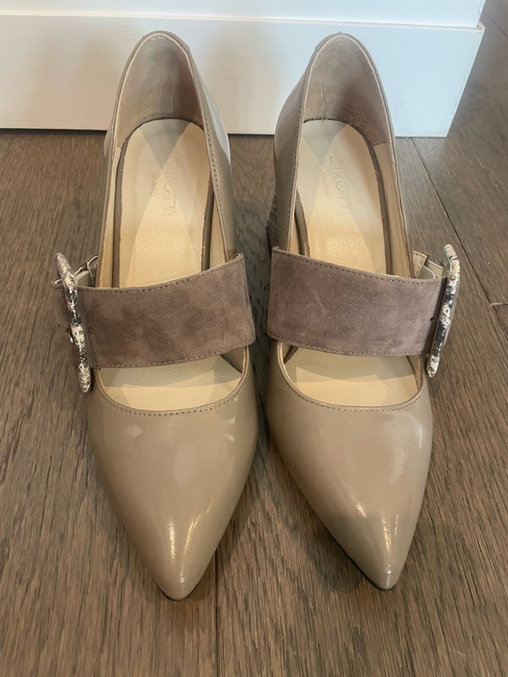 Taupe Patent Pointed-Toe Mary Jane Pumps with Suede Strap